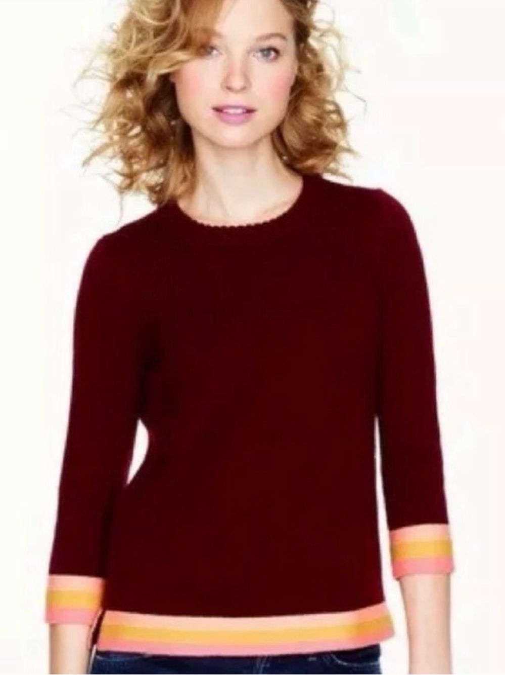 J. Crew Maroon Crewneck Sweater with Pink and Yellow Stripe Trim